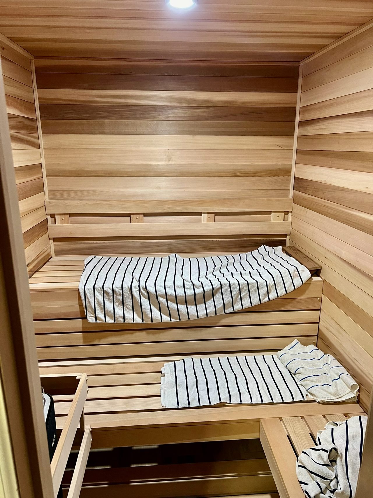 Cedar-lined sauna with two bench levels, built into a commercial wellness suite