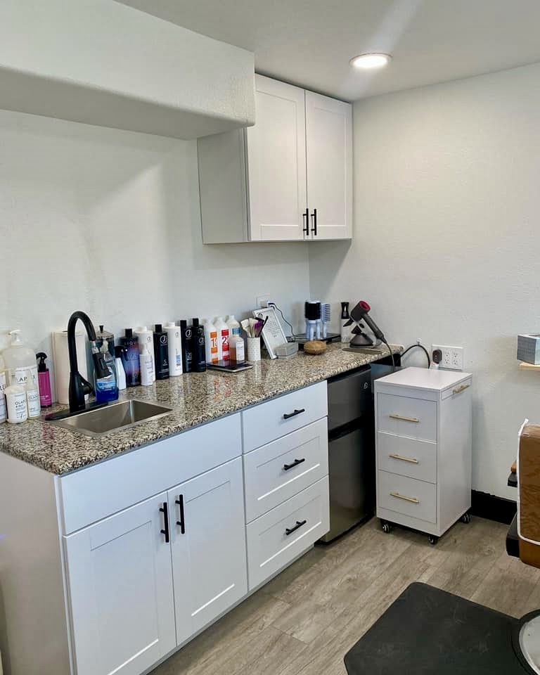 Salon back-bar with shaker cabinetry, granite counter, undermount sink and under-counter refrigeration